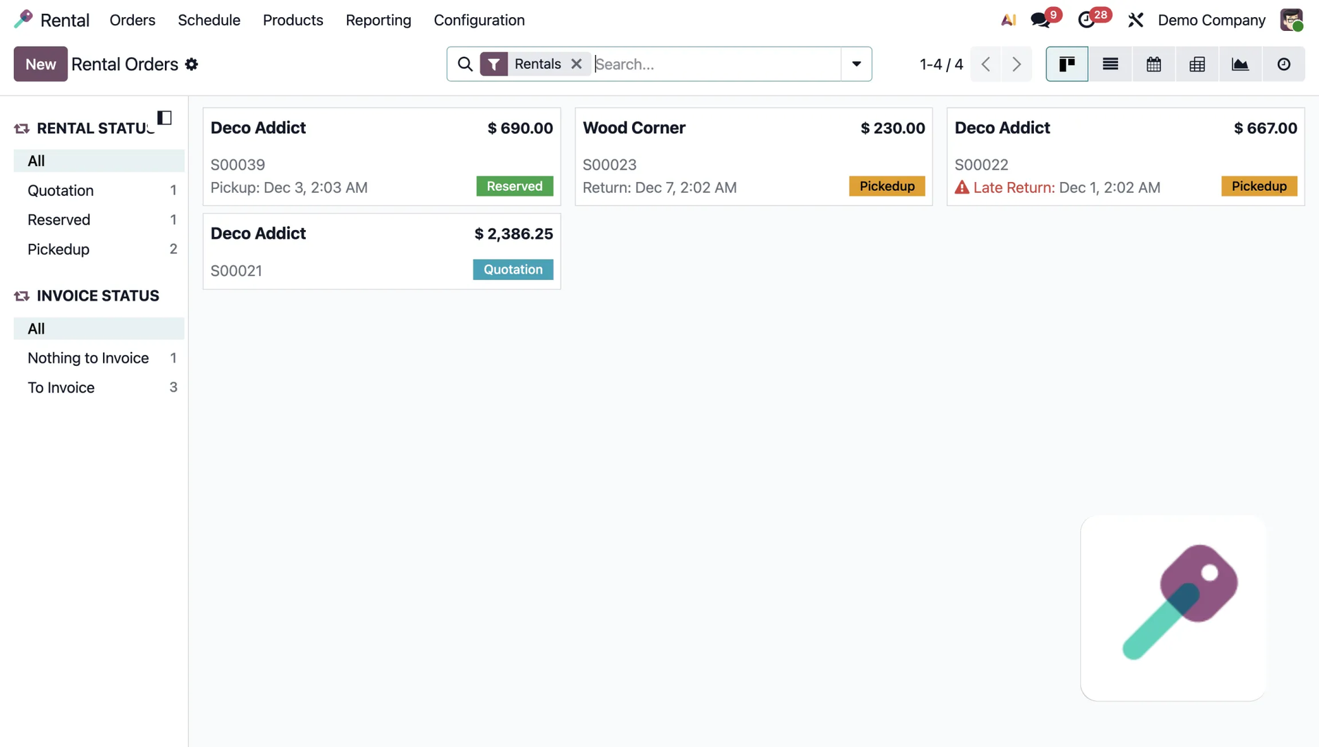 Odoo Rental module — booking and pricing screen