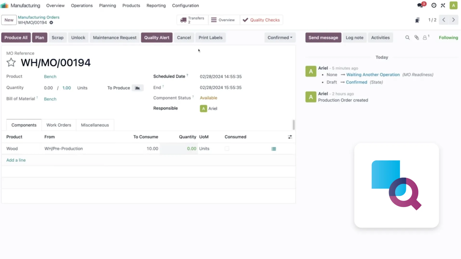 Odoo Quality module — kanban view of quality alerts