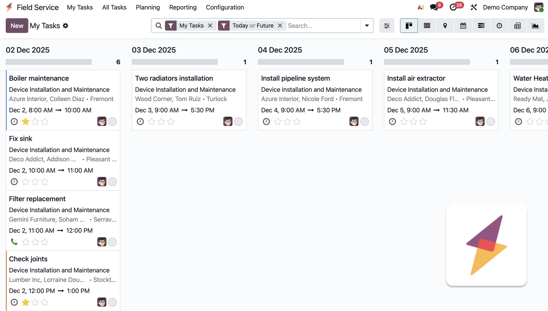 Odoo Timesheets module — time tracking dashboard