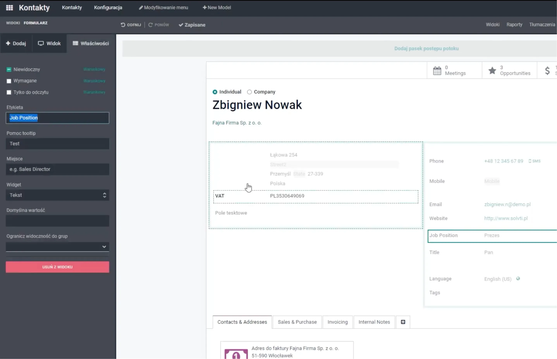 Field settings side panel in Odoo Studio – visibility, required, read-only