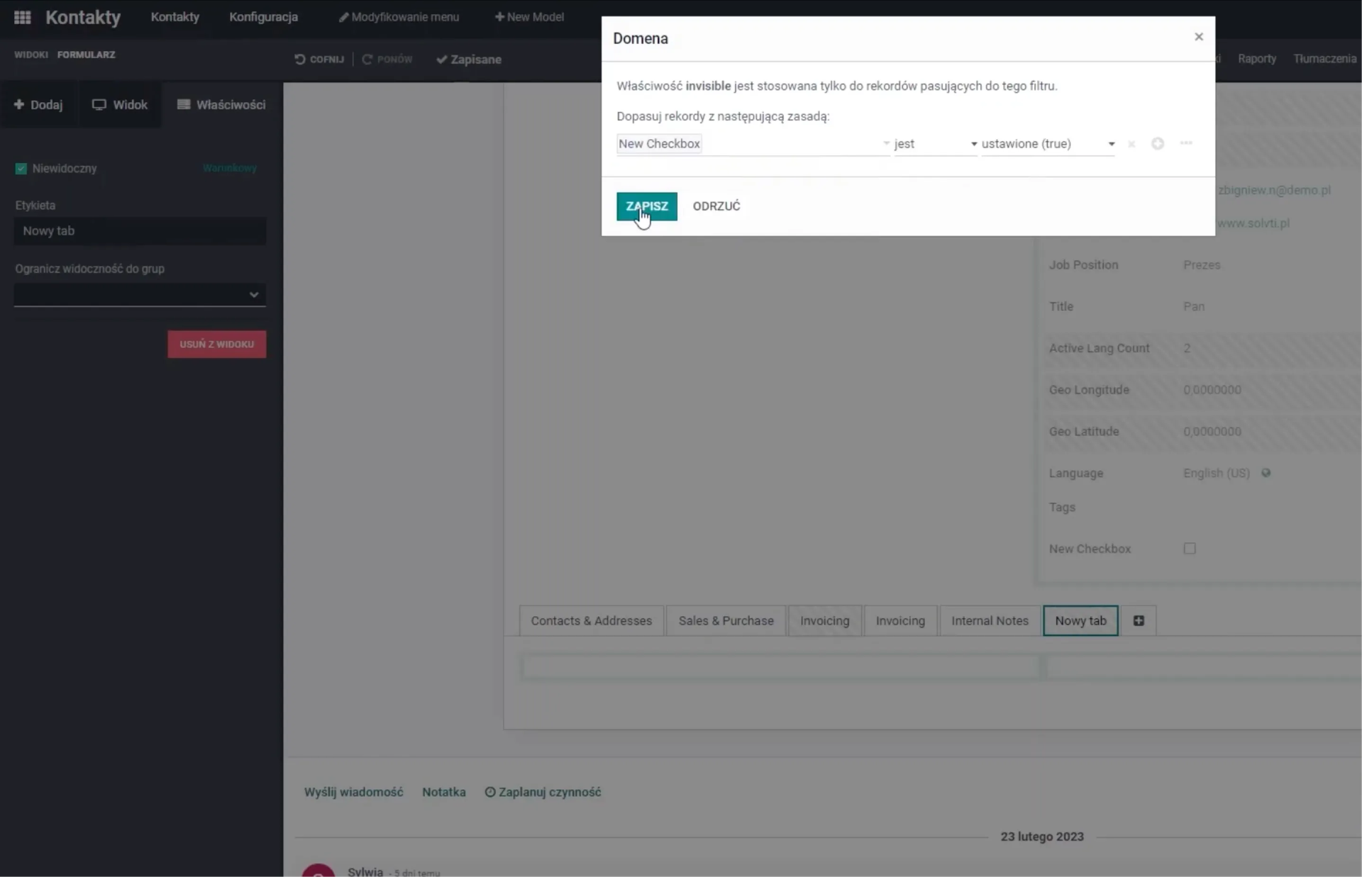 Conditional visibility settings for form elements in Odoo Studio
